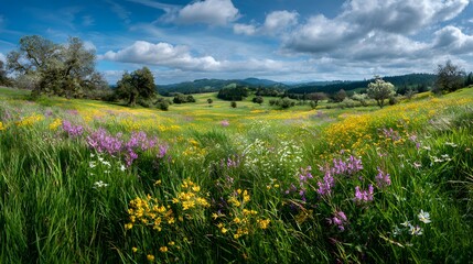 Springtime meadow bursting color natural afternoon lighting highlighting flower details and grass texture panoramic wide angle view with distant trees and hills