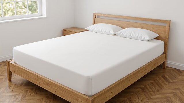 Bedroom scene showing a double bed with a mattress corner visible, fitted sheet, and two pillows, placed on wooden flooring near a window. Bedside table located by the bed. Frontal photo appropriate