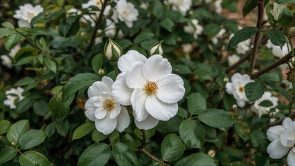 Obraz premium Winter-scented white roses from the Rosaceae family, featuring over a hundred species that bloom beautifully and attract insect pollinators.