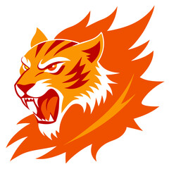 Fierce Orange Tiger with Flame Mane and Snarl, Set on Dynamic Background