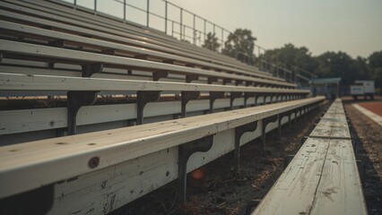 A collection of aged wooden stands for supporting a sports game at a nearby secondary school, enhanced with a nostalgic vintage Instagram filter effect