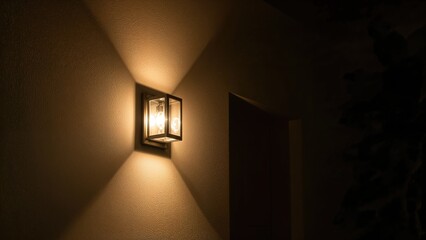 Mounted on a domestic wall, a square halogen lamp emits soft yellow light, brightening the facade and adding to the outdoor lighting environment. High quality photograph.