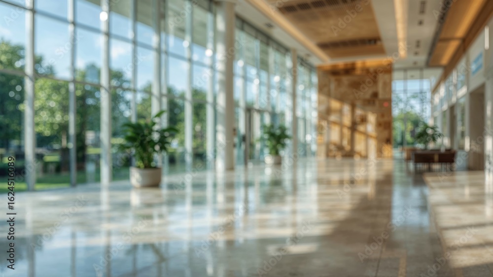Poster spacious upscale lobby illuminated by daylight through vast windows, emphasizing sleek design and ga