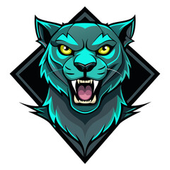 Teal Jungle Panther with Layered Fur and Green Glow in Black Vector Badge