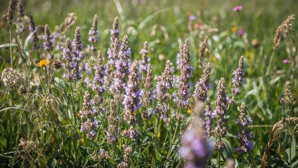 Fototapeta premium Lovely distinct lilac verbena petals blossoming amidst summer greenery