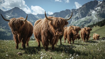 A stunning herd of yaks feeding in alpine meadows by a mountain pass. Furry and noble yaks. The charm of highland nature, hiking, untamed wilderness, and wildlife. Delightful summer weather