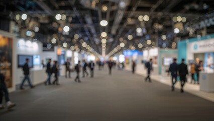 Abstract bokeh blurred hallway panorama for commercial trade exhibitions and modern architectural settings.