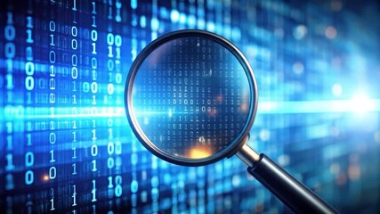 Data Magnified A magnifying glass focuses on a digital screen displaying flowing lines of binary code against a blurred blue background - Powered by Adobe