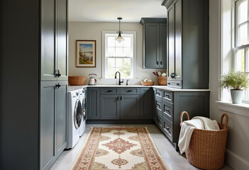 A stylish and functional modern farmhouse laundry room featuring elegant dark grey shaker cabinets, a patterned rug, and a classic pendant light for a chic workspace.
