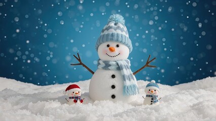 Fototapeta premium Two small toys showcase a tiny snowman dressed in cozy hats and scarves amid pristine snow under a stunning blue and white sky. Happy Holidays and a joyful New Year!