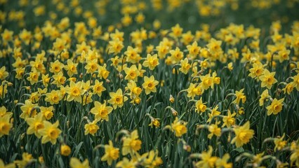 Obraz premium Clusters of yellow daffodils scattered in a green field, extending into the background.
