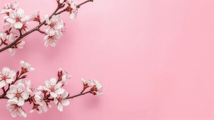 May flowers and tender spring blossoms set against a gentle pink canvas. Cherry tree branches bloom beautifully in this tranquil and dreamy landscape, offering room for text.