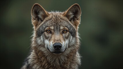 Fototapeta premium Close-up of a wild female wolf with a stained nose gazing intensely at the camera.