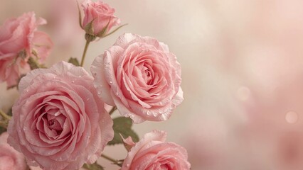 Naklejka premium Romantic pink rose blossoms adorned with water droplets in an abstract floral arrangement. Softly focused background with vintage color effects.