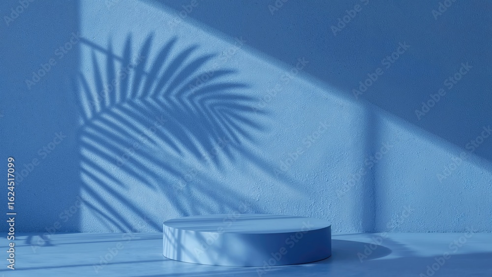 Poster hand shadow cast on a blue wall with plaster texture, providing a background featuring sparse produc