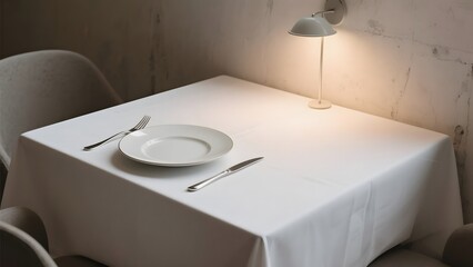 Minimalist Dining Setup with White Tablecloth and Plate
