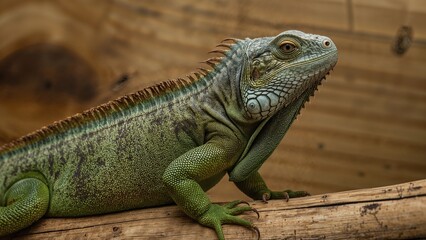 Obraz premium Close-up of a lizard's side resting on a wooden platform, showcasing its textured body and distinct features.