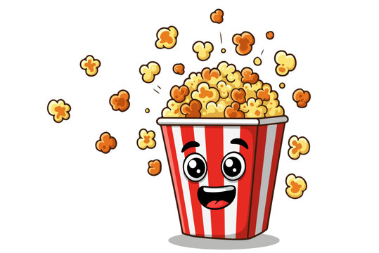 Happy cartoon popcorn bucket with flying kernels on transparent background smiling