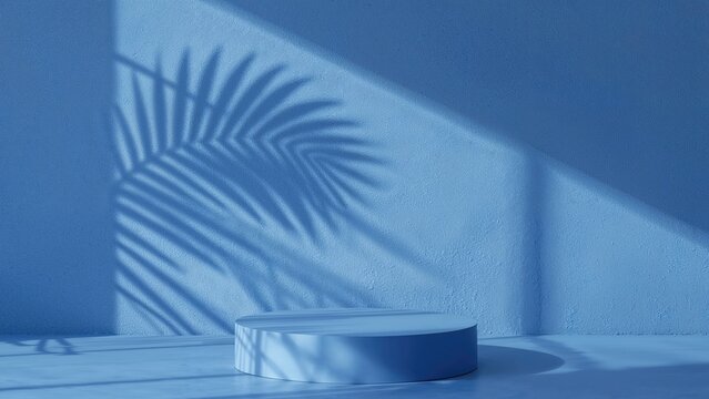 Hand shadow cast on a blue wall with plaster texture, providing a background featuring sparse product placement. Elegantly designed interior architecture. A lounge space developed for a product