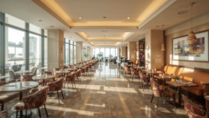 Defocused interior of a cafe located within a hotel lobby or apartment complex, showcasing a lengthy hallway in a commercial or residential space. Wide panoramic perspective, perfect as a background.
