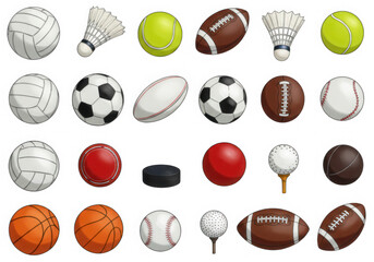 Collection of various sports balls and equipment isolated on a transparent background