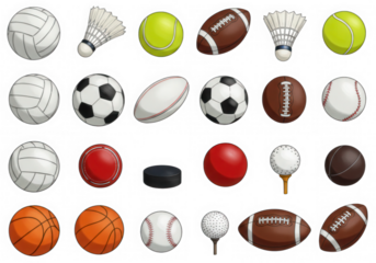 Collection of various sports balls and equipment isolated on a transparent background