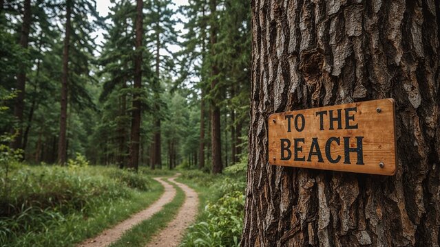 In a dense green forest with tall fir trees and grass, a wooden sign bearing black words 'to the beach' is nailed to a thick bark-covered tree, beside a worn and curved narrow trail.