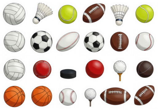 Collection of various sports balls and equipment isolated on a transparent background