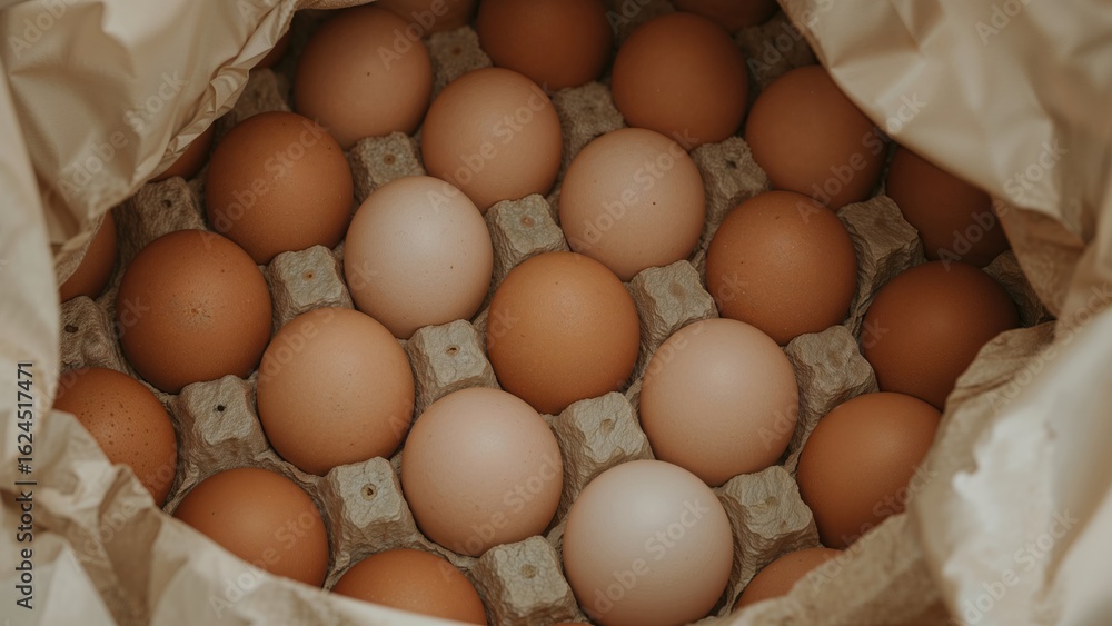 Aufkleber multiple brown eggs set in the cells of a large egg tray, underscoring the chicken egg's role as a v