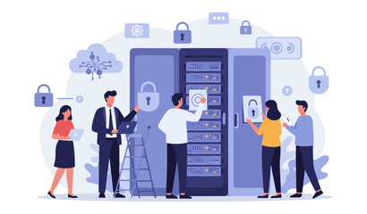 People working on servers with security locks and cloud icons server room data center