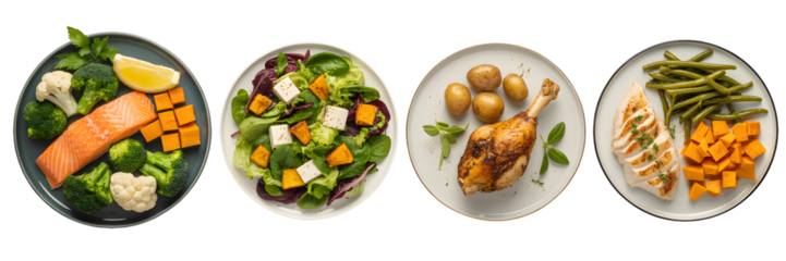 Savor healthy, delicious meals featuring salmon, chicken, salad, and roasted duck leg with fresh vegetables.