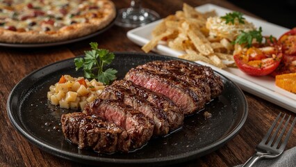 Thick raw steak piece grilled to perfection, savored alone in a fusion cafe specializing in Western cuisine