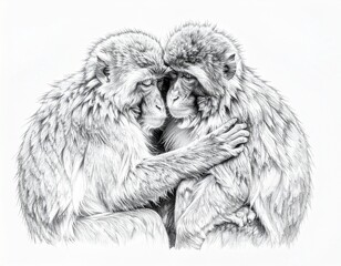 Detailed Pencil Drawing of Two Embracing Macaque Monkeys on White Background