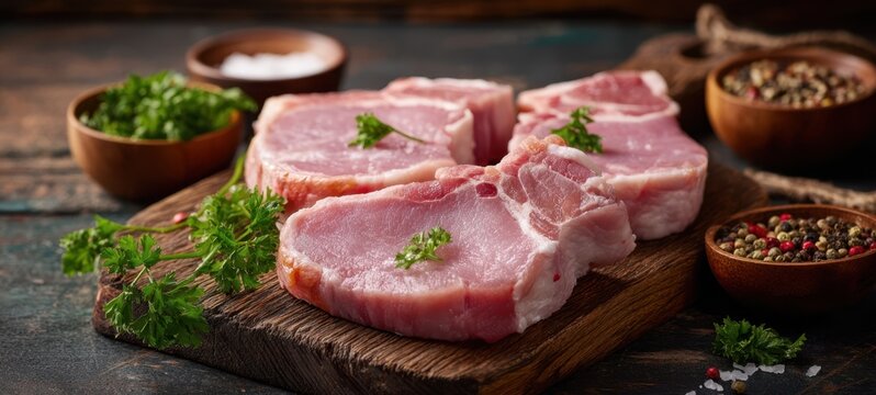 The fresh pork chops ready for delicious culinary preparations on a rustic wooden board.