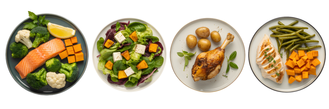 Savor healthy, delicious meals featuring salmon, chicken, salad, and roasted duck leg with fresh vegetables.