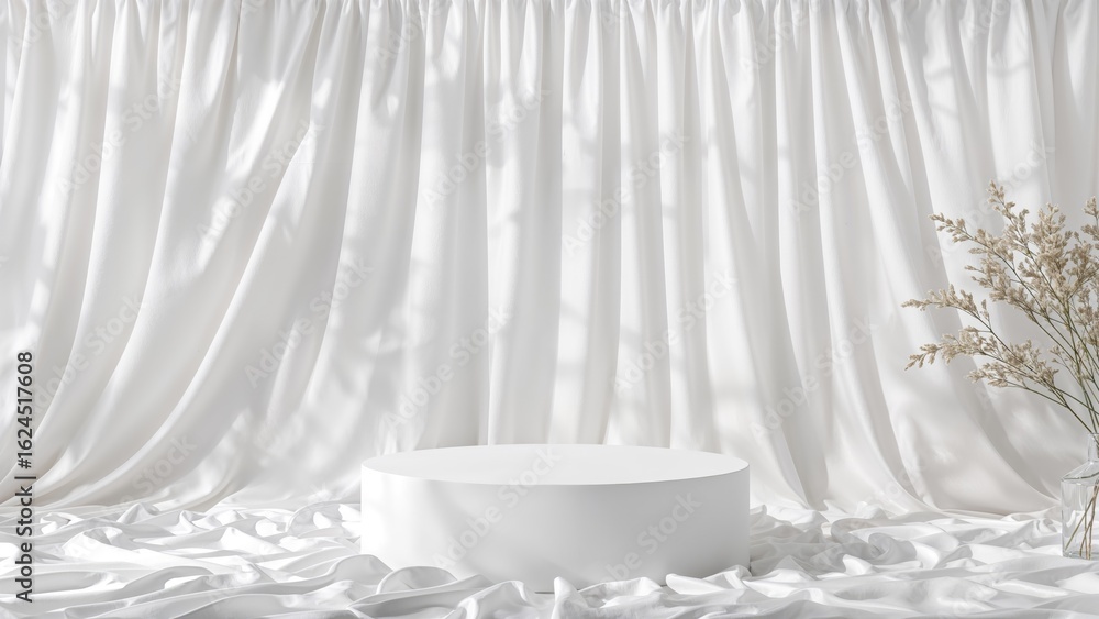 Poster white background with podium and screen. luxurious, floating fabric. stylish, subtle platform for sh