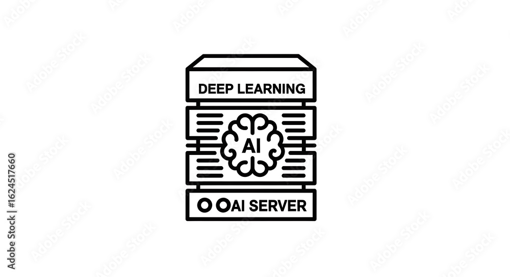 Poster a black and white line art illustration of a deep learning ai server configuration icon design