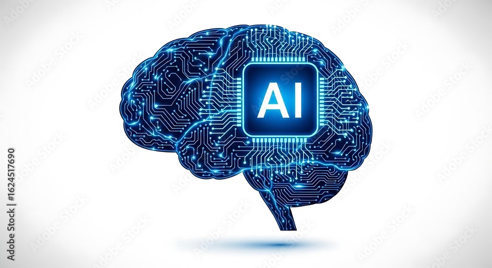 Aufkleber a brain with ai chip connected by circuit board lines on a white background in a digital illustratio