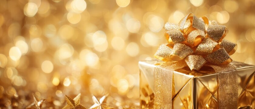 The golden gift box adorned with a sparkling bow against a luminous background.