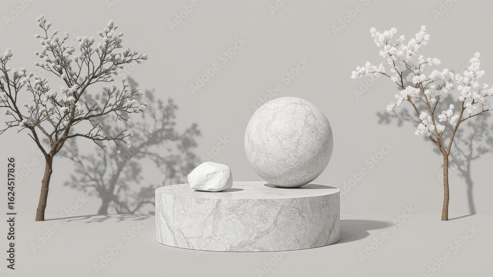 Poster arrangement of pale rocks set against a neutral backdrop with a dark tree shadow. organic stone base
