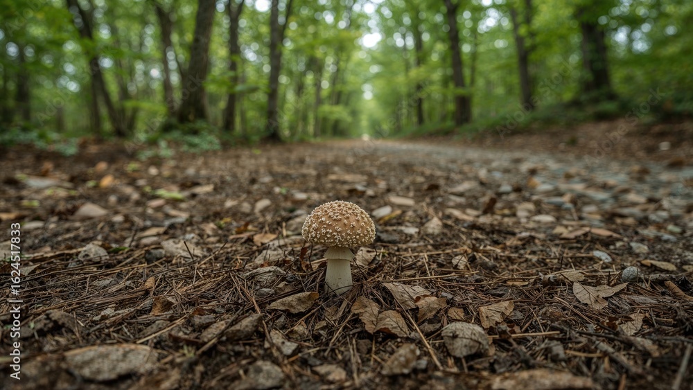 Poster emerging from the soil in a serene forest, a petite mushroom is seen with lush trees behind and a gr