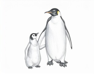 Fototapeta premium Emperor Penguin and Chick Pencil Drawing, Illustration of Wildlife