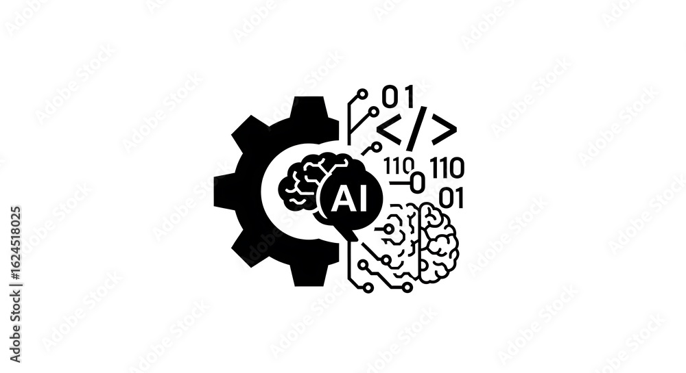 Aufkleber a black and white graphic design showing a gear brain ai symbol and binary code on a white backgroun