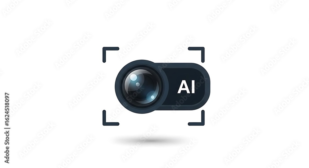 Poster a stylized ai camera icon with focus brackets and a lens on a white background with a drop shadow