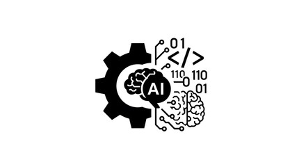 A black and white graphic design showing a gear brain ai symbol and binary code on a white background