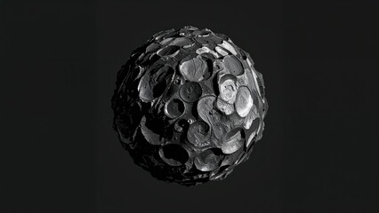 A striking 3D visualization displays a monochrome abstract model of a spherical planet with varied terrain including craters and peaks set on a dark grey background.