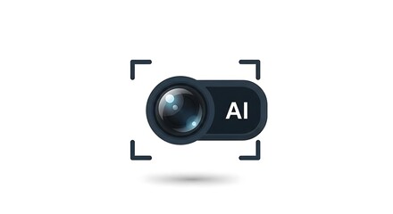 A stylized ai camera icon with focus brackets and a lens on a white background with a drop shadow