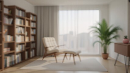 Fototapeta premium Hazy background depicting a calm interior with a filled bookshelf, a cozy seat, and a potted plant, glowing from natural light shining through window coverings.