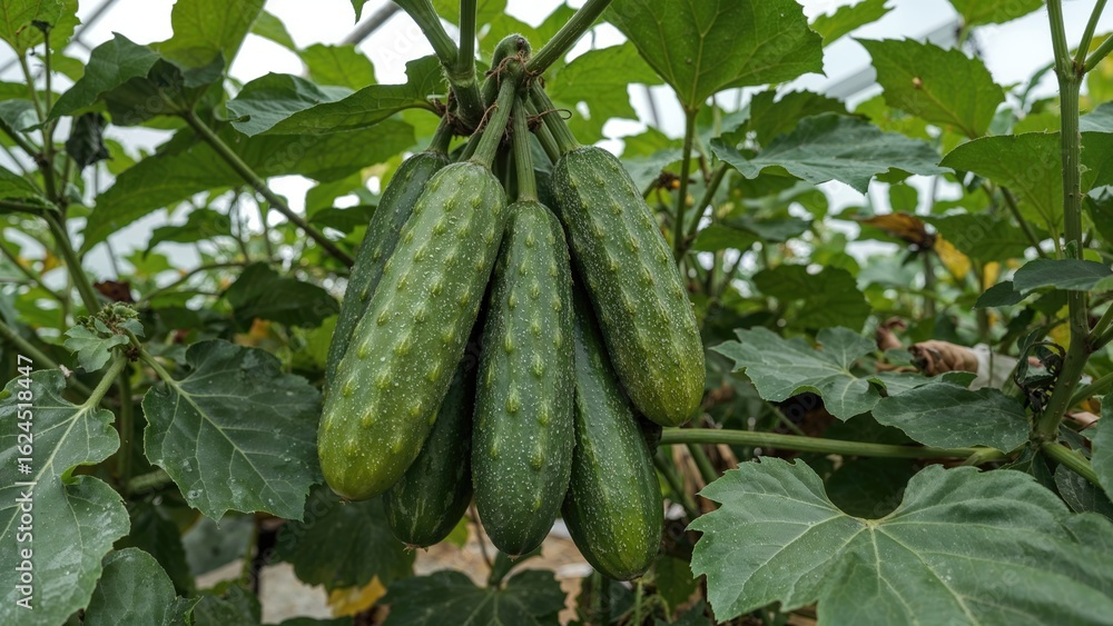 Poster fresh cucumbers developing on a vine within a controlled environment, featuring vivid green tones an