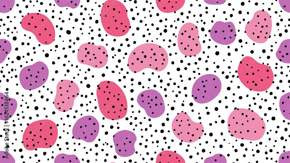 Poster seamless pattern with vibrant pink and purple blobs accented by black polka dots on a white base. gr